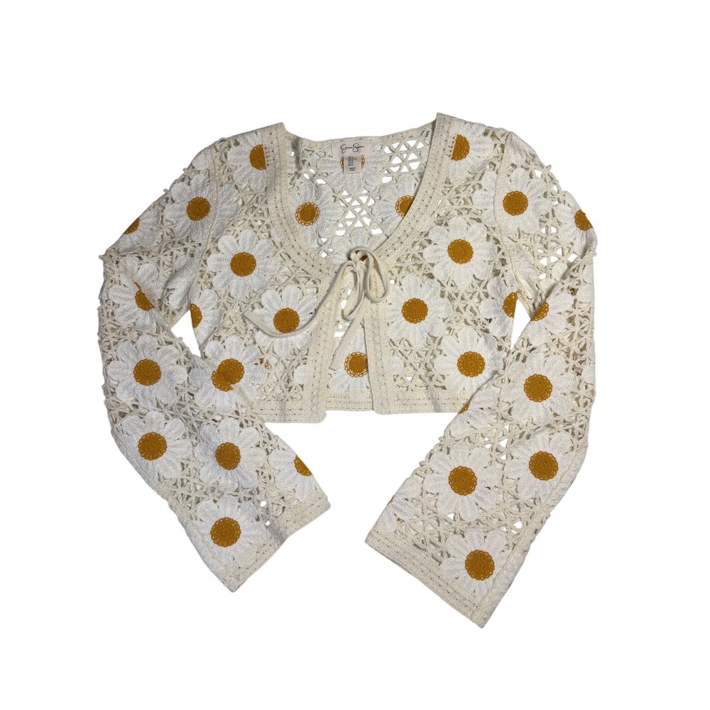 Jessica Simpson Coquette Open Knit White Daisy Crochet Tie Front Crop Cardigan
